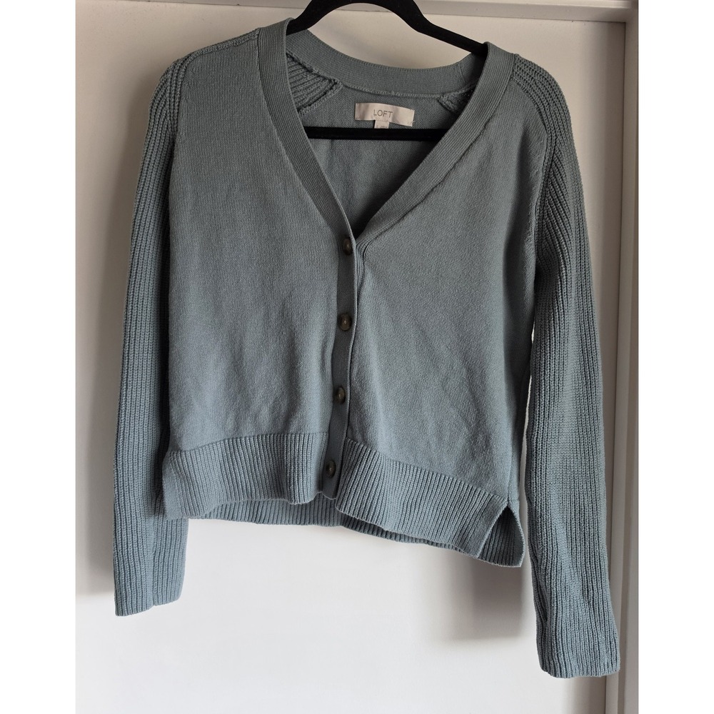 LOFT Cardigan Sweater Women S Blue V-Neck Long Sleeve Pullover Knit Top